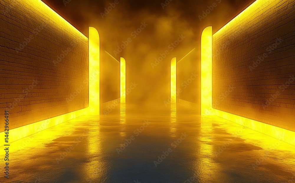 Poster a glowing golden corridor with illuminated tall rectangular pillars and walls reflecting light on a 
