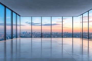 Fototapeta premium Spacious modern empty room with floor-to-ceiling glass windows offering panoramic city skyline view at sunset with soft cloudy sky