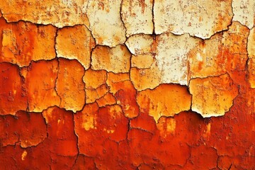 Obraz premium close-up of a rusted orange and cream cracked metal surface showing peeling paint and corrosion textures