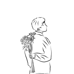 Boy Holding Flowers Bouquet Sketch Illustration Without Background