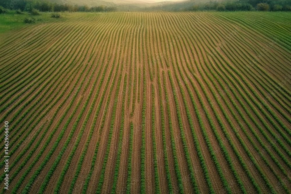 Poster aerial view of a vast agricultural field with evenly spaced rows of green crops extending towards a 