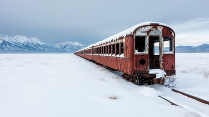 Obraz premium A captivating image of a rusty train car abandoned in a snowy landscape, with majestic mountains in the background, conveying nostalgia and the passage of time.