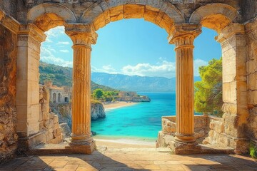 Ancient stone arches and columns framing a serene turquoise beach with clear skies and distant mountains on a sunny day