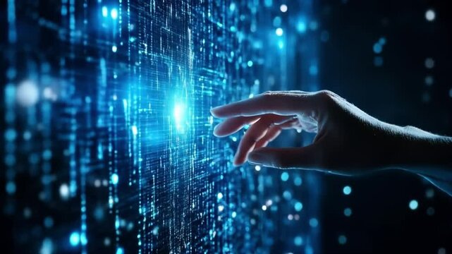 Touching the Digital Universe: A hand reaches out to interact with an illuminated digital display, embodying the concept of digital innovation and technological progress. The image suggests a modern.