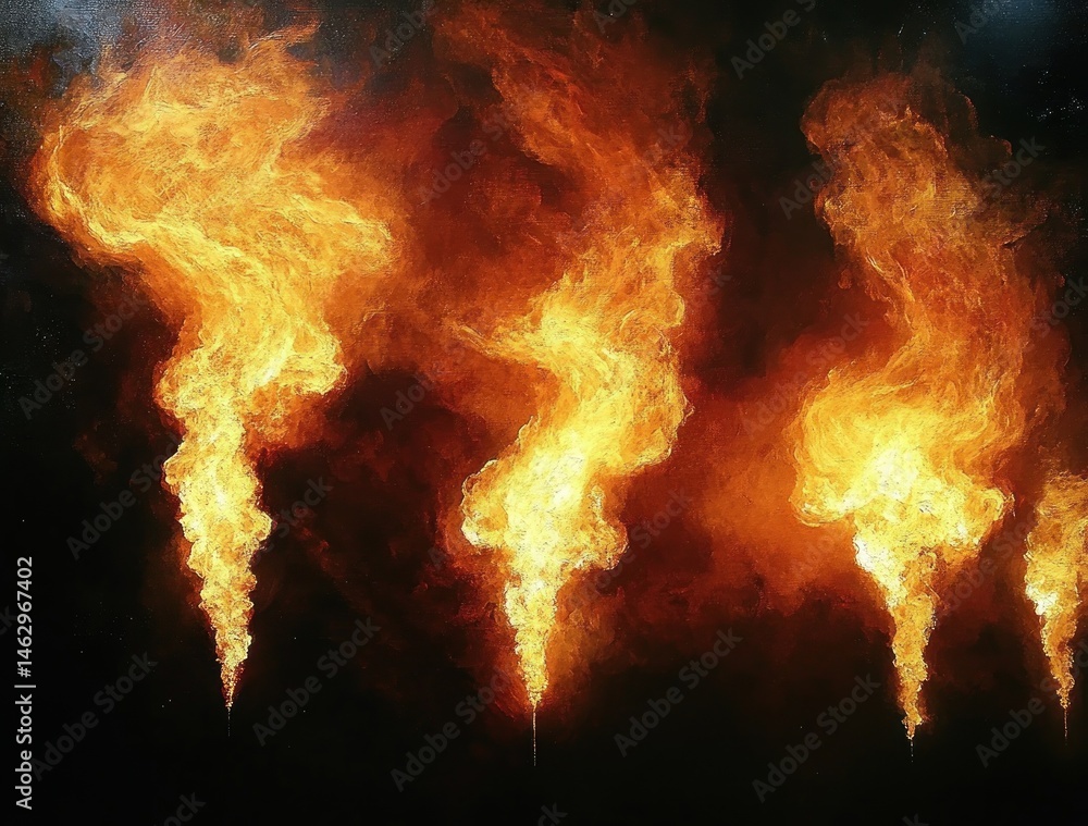 Poster four large flames burning intensely against a dark background with visible swirling smoke, creating 