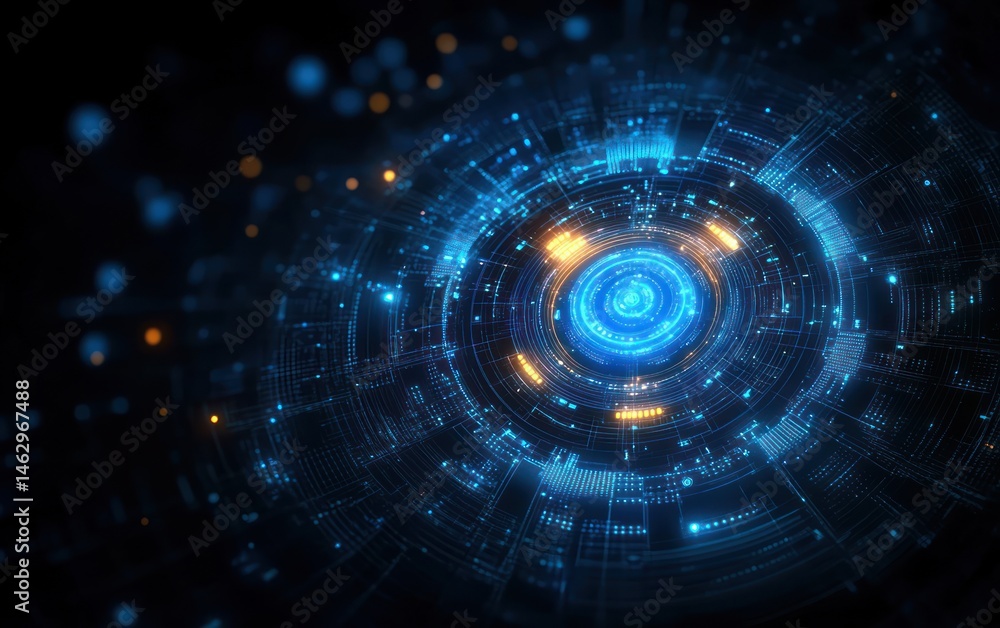 Poster glowing futuristic digital circular interface with blue and orange lights depicting technological da