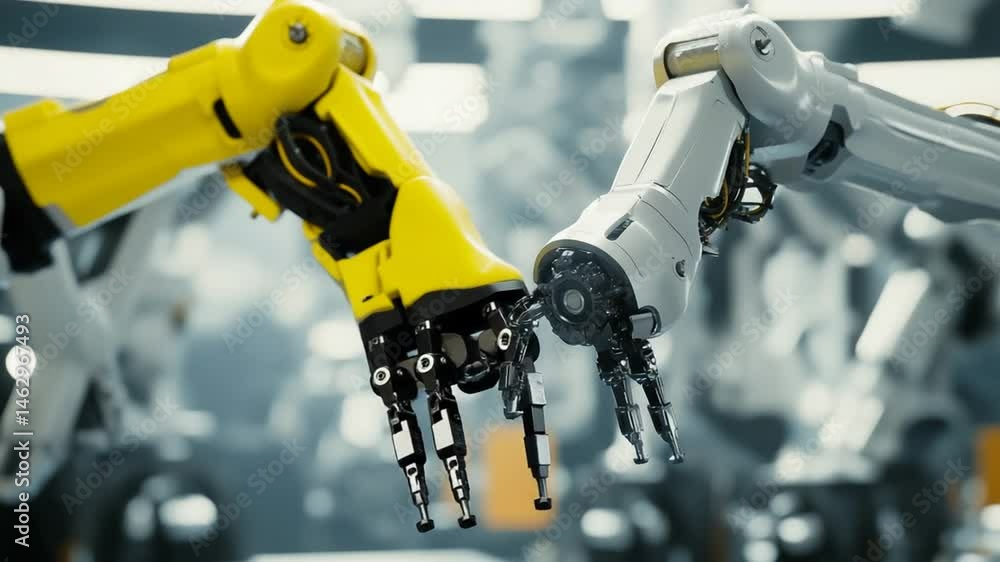 Aufkleber automated robotic arms working collaboratively in manufacturing environment, precise movements