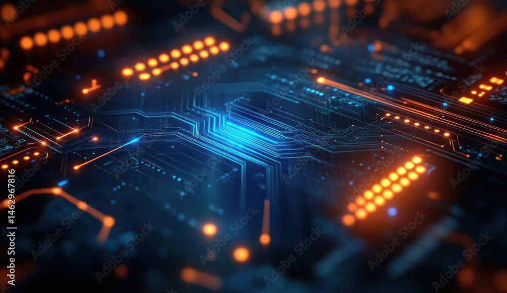 Poster close-up of a futuristic circuit board with glowing orange and blue lights highlighting electronic p