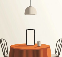 Empty table with smartphone, cup, and pendant light.  A simple cafe scene