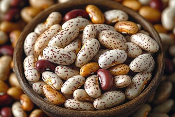 Close-up of a wooden bowl filled with various types of speckled dry beans in natural warm tones
