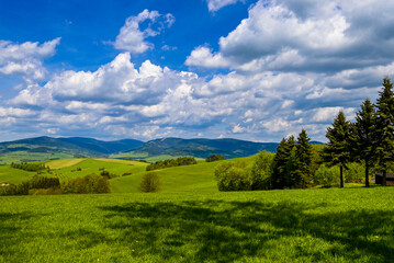 Obraz premium Breathtaking Czech landscape with green meadows, forested hills, and distant mountains on a sunny day. A perfect example of unspoiled nature and peaceful countryside.
