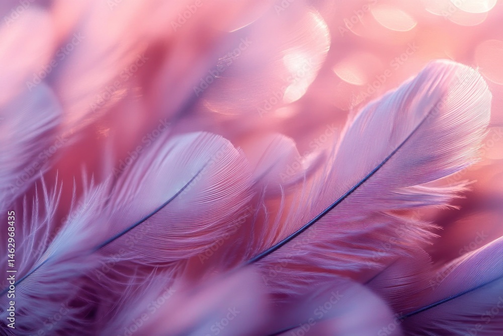 Poster close-up of delicate soft pink and purple feathers gently layered with fine strands illuminated by w