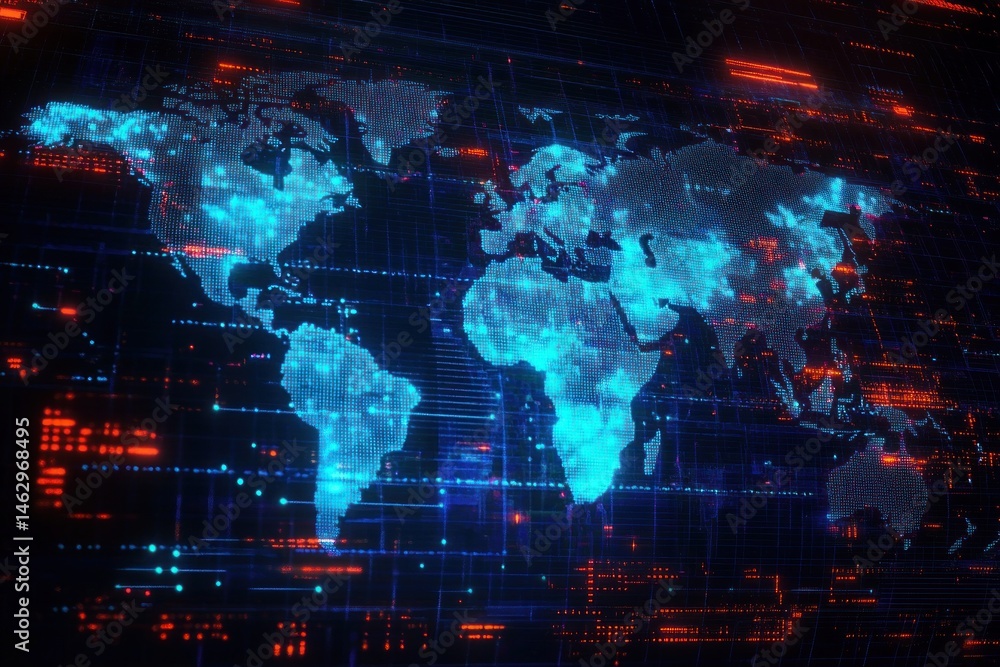 Poster digital world map composed of glowing blue dots with overlay of red and blue light streaks represent
