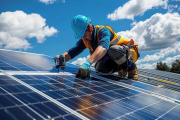 construction worker installing solar panels on rooftop under a bright blue sky with clouds