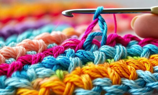 Close-up of colorful crochet work with a hook and vibrant yarn.