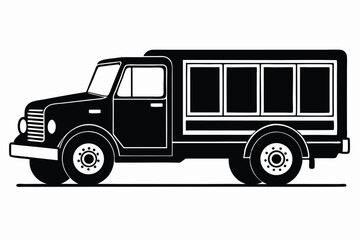 Black vintage delivery truck presents a classic monochrome silhouette from side view