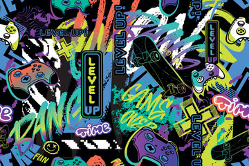 Seamless graffiti pattern with street art style background, lettering, game pads elements. Graffiti handwritten pattern design vector. Gaming print.