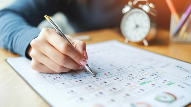 Woman meticulously planning events in schedule calendar with a pen at a wooden desk