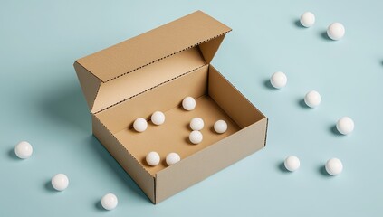 Open cardboard box with white balls (1)
