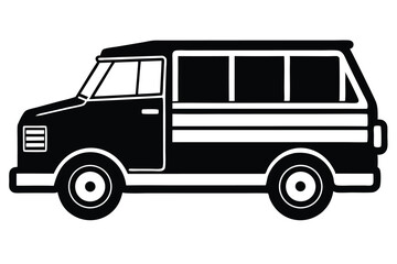Vectorized black retro van features white stripes and bold, clean lines on white