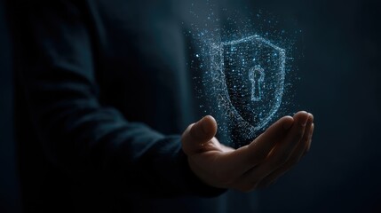 A hand holding a glowing shield symbolizing digital security and protection.