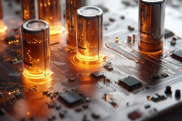 Glowing vacuum tubes illuminate a circuit board, showcasing vintage electronics technology.