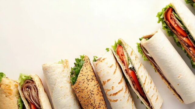 A colorful array of sandwiches showcases various fillings and fresh ingredients perfect for lunch