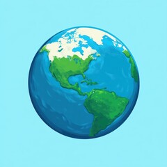 Illustration of planet Earth showing North and South America with green landmasses and blue oceans on a light blue background