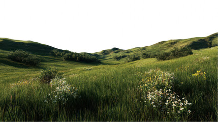 Serene summer meadow landscape with rolling green hills and wildflowers on transparent background