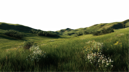 Serene summer meadow landscape with rolling green hills and wildflowers on transparent background