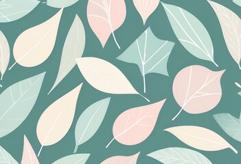 Pastel Leaves Seamless Pattern Design Teal Background Soft Colors Nature Illustration Botanical Print