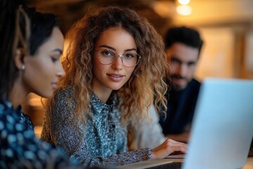 Young diverse group of people working collaboratively on laptops in a warm indoor setting with focus on smiling woman wearing glasses