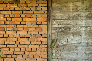 red brick wall and wooden wall