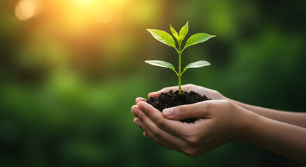 environment Earth Day In the hands of trees growing seedlings. Bokeh green Background Female hand holding tree on nature field grass Forest conservation concept