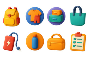 3D icon set of minimalist travel gear: lightweight backpack icon, travel capsule wardrobe badge, packing cubes bubble, foldable tote icon, portable charger badge, reusable water bottle bubble,