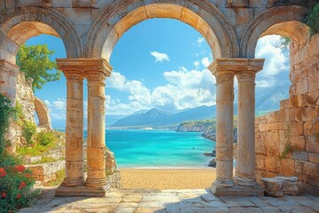 Fototapeta premium Ancient stone arches and columns framing a bright turquoise sea, sandy beach, distant mountains under a partly cloudy sky, surrounded by greenery and flowers