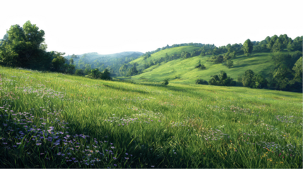 Serene green meadow landscape with rolling hills and lush vegetation sky on transparent background