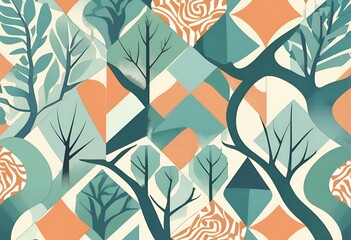 Abstract Geometric Teal Orange Tree Pattern Design Stylish Modern Nature Inspired Wallpaper Background