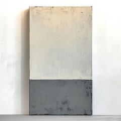 Minimalist abstract artwork featuring a vertically rectangular canvas divided into two rough textured sections with muted off-white on top and dark gray on bottom, evoking calm and simplicity