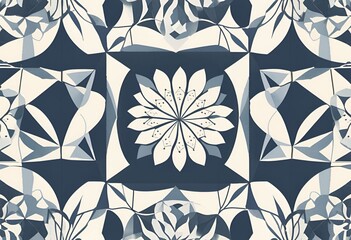 Abstract Floral Design Seamless Pattern Navy Blue and Cream Geometric Shapes Elegant Modern Textile Print