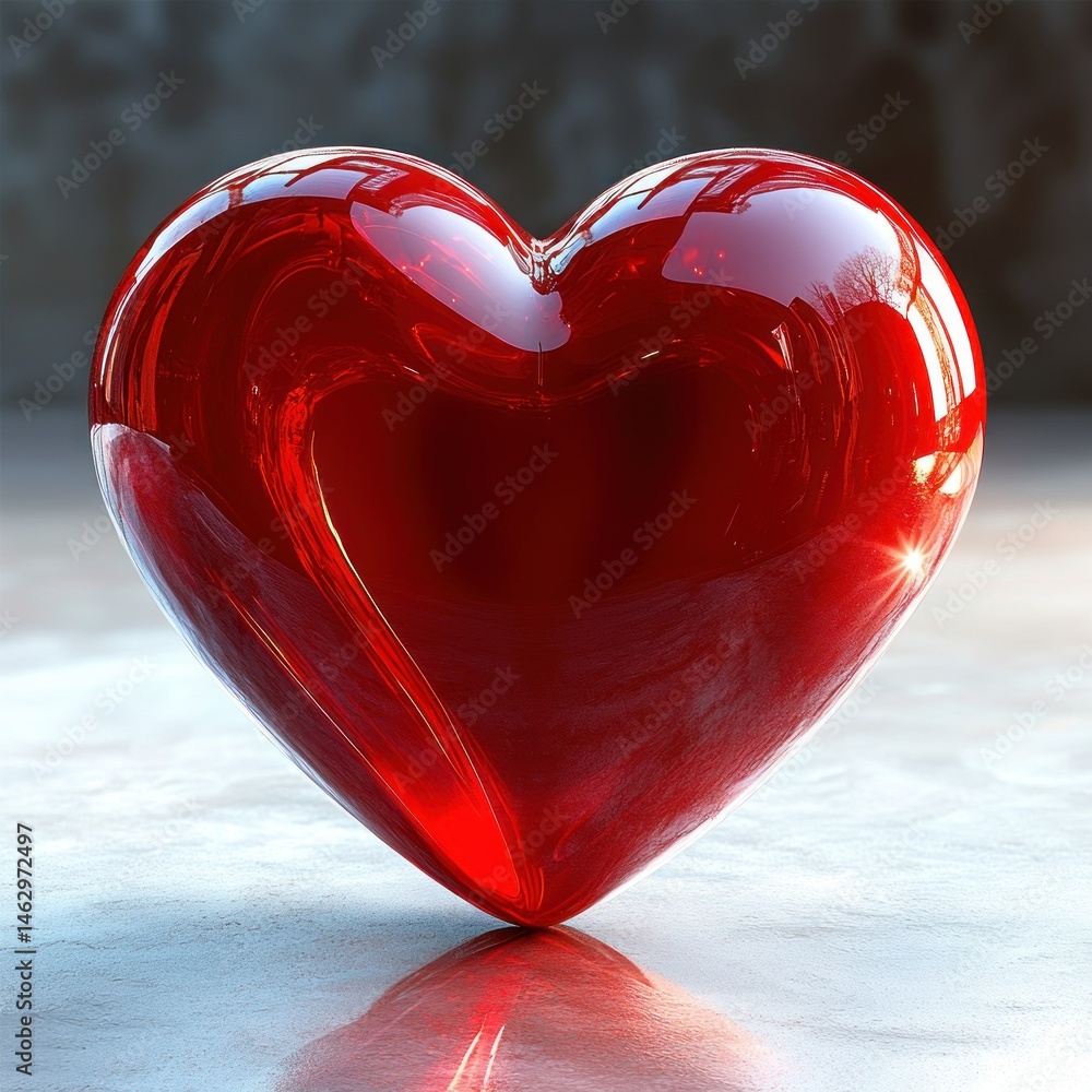 Poster glossy red glass heart standing on reflective surface with soft-focus background conveying warmth an