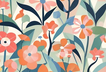 Abstract Floral Design Vibrant Orange Pink Flowers and Lush Green Leaves Botanical Illustration