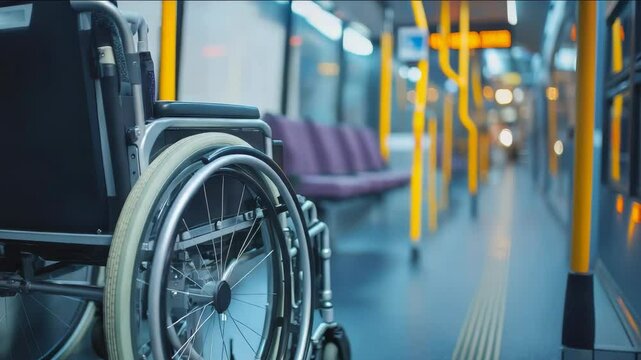 A black wheelchair is standing inside the bus. The bus is in motion.