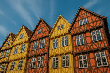 Fototapeta premium Brightly painted half timbered houses glowing in soft golden sunlight