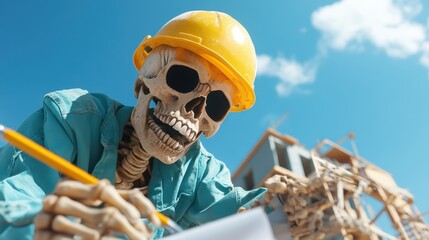 A skeleton figure wearing a hard hat and blue shirt is seen writing at a construction site, symbolizing dedication and the humor of an eternal worker's spirit in an unconventional way.