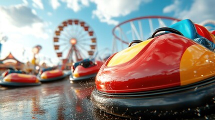 Fototapeta na wymiar An engaging scene of colorful bumper cars at an amusement park, capturing the spirit of fun and thrill, inviting viewers to relive childhood memories and joyful moments.