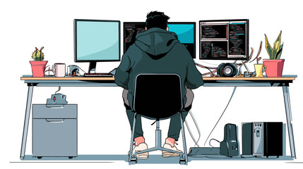Cyber hacker working concept simple vector on white background  -  