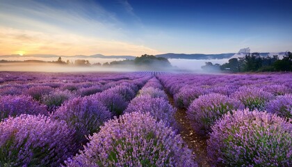 Obraz premium Scenic sunrise illuminating blooming lavender field in provence, france