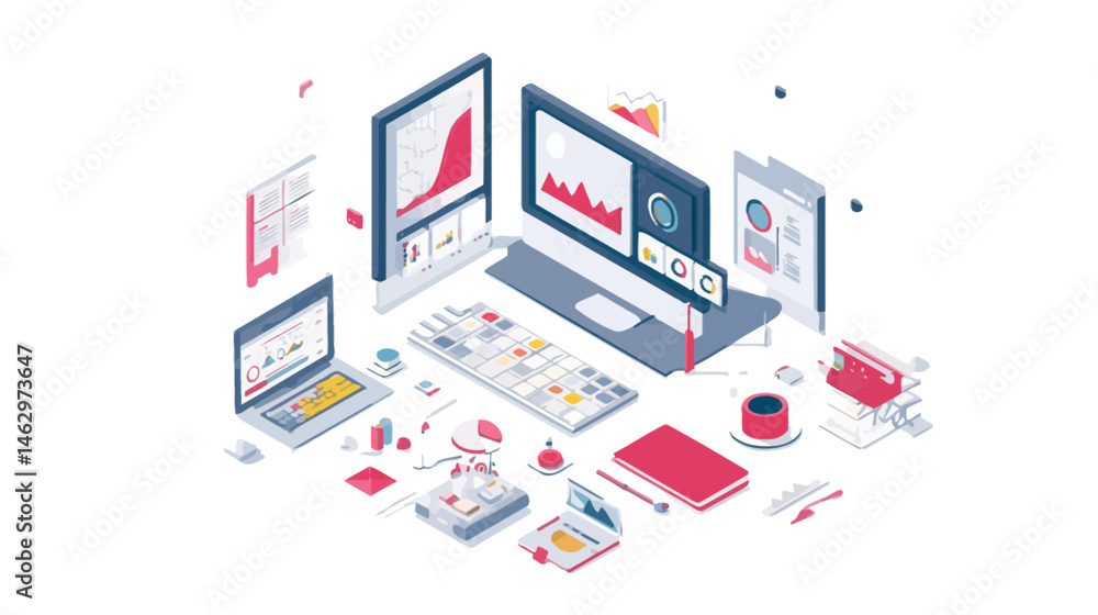 Poster dashboard creation isometric concept simple vector on white background -