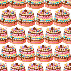 Seamless repeating cake pattern ideal for backgrounds, wallpapers, or textiles.